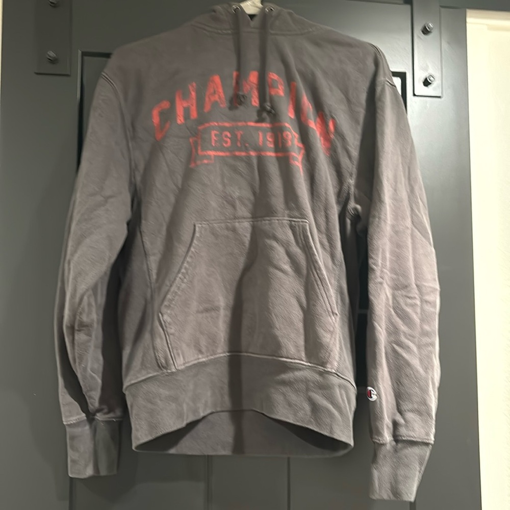 Champion hoodie, gray with red lettering